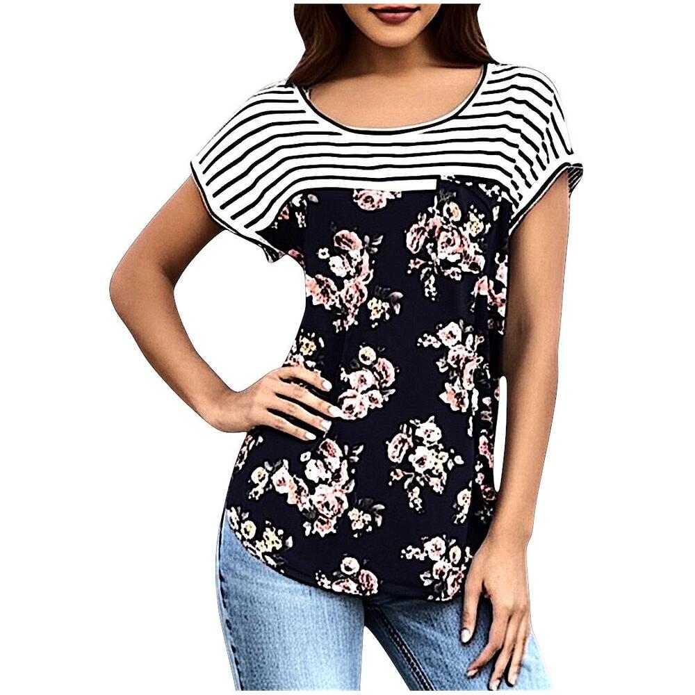 Rewind Juniors Black Striped‎ Floral Knit Woven Tee Casual Trendy Size XS